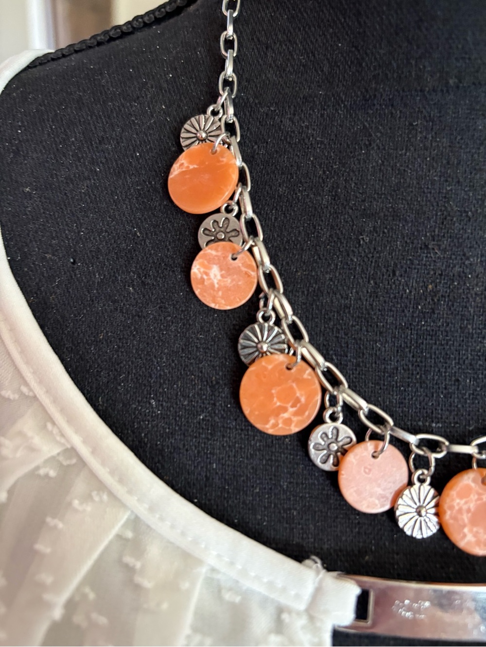 Orange Disc and Silver Charm Necklace - Women's Jewelry 10 1/4 inches - Picture 3 of 5